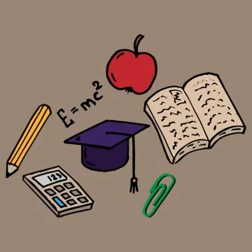 Set on a school theme. Vector illustration of a textbook, calculator, apple a Stock Illustration