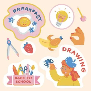 Set of school themed stickers vector drawing breakfast banana Stock Illustration
