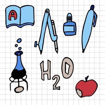 Set of school things checkered sheet. isolated doodle vector illustration Stock Illustration