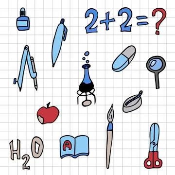 Set of school things checkered sheet. doodle vector illustration Stock Illustration