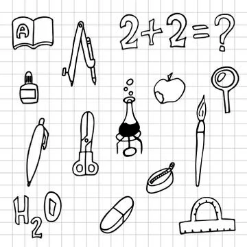 Set of school things checkered sheet. doodle outline vector illustration Stock Illustration