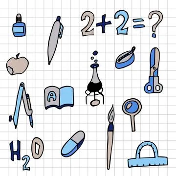 Set of school things checkered sheet. doodle vector illustration Illustrazione stock