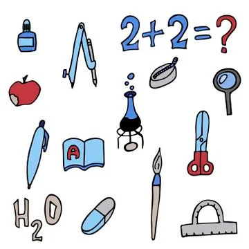 Set of school things. isolated doodle outline cartoon vector illustration Stock Illustration