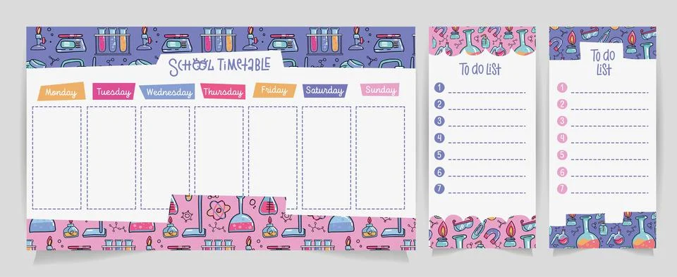 Set of School timetable and to do lists with doodle cute chemical laboratory Stock Illustration