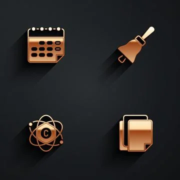 Set School timetable, Ringing bell, Atom and File document icon with long shadow Stock Illustration