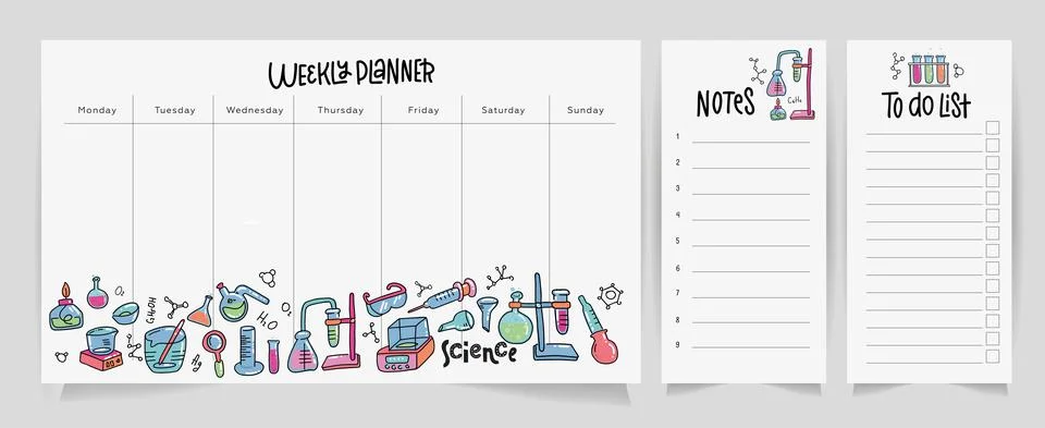 Set of School weekly planner and to do lists with science theme. Chemistry flask Stock Illustration