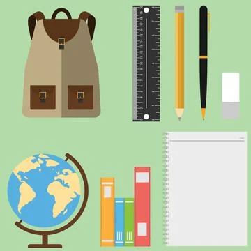 A set of schoolboy, globe, backpack, textbooks, pencils Stock Illustration