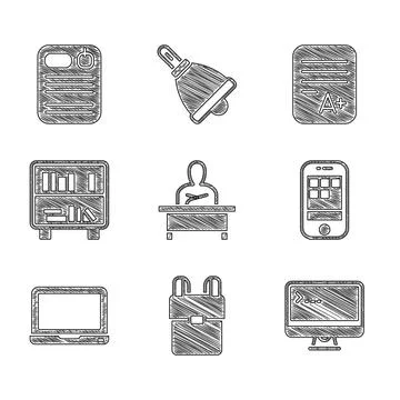 Set Schoolboy sitting at desk, backpack, Computer monitor, Smartphone, Laptop Stock Illustration