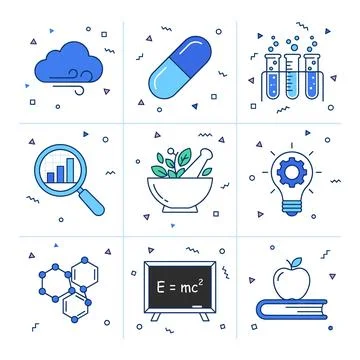 Set of science and education icons including cloud, capsule, test tubes, ma.. Stockillustratie
