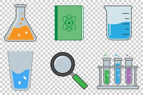 Set of science and laboratory icons with glassware, book, and magnifying glass . Stock-Illustration