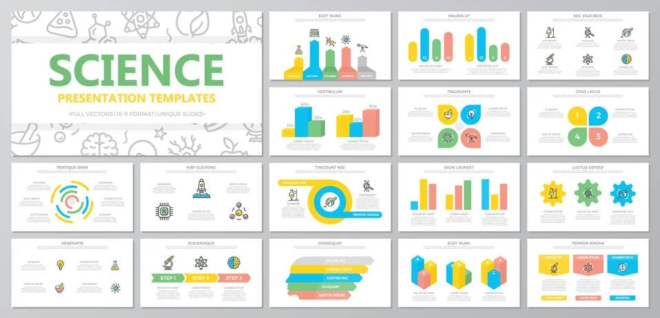Set of science and research elements for multipurpose presentation template Illustrazione stock