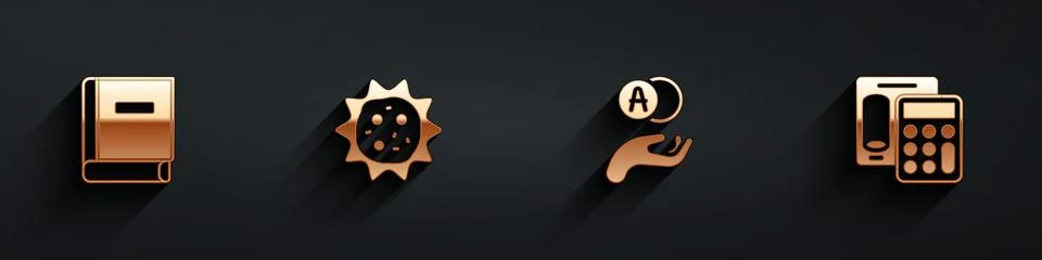 Set Science book, Virus, Atom and Calculator icon with long shadow. Vector Stock Illustration