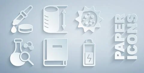 Set Science book, Virus, Test tube, Battery, Height geometrical figure and Stock Illustration