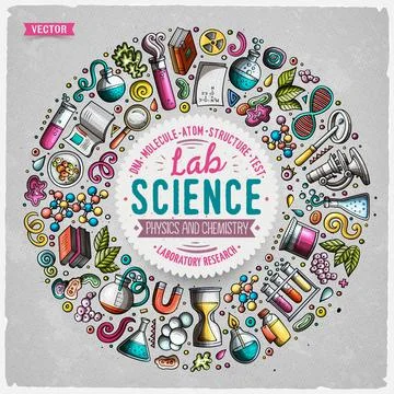 Set of Science cartoon doodle objects, symbols and items Stock Illustration