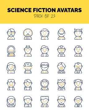 Set of Science Fiction Avatars Two Color icons for logo &amp; web. Vector illus.. Stock Illustration