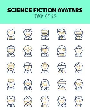 Set of Science Fiction Avatars Two Color icons for logo &amp; web. Vector illus.. Stock Illustration