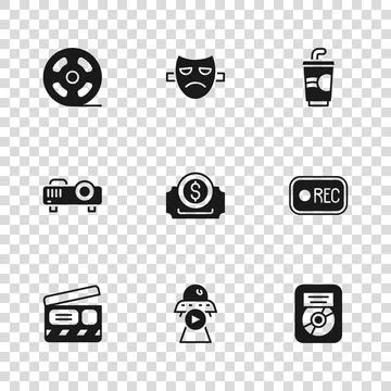 Set Science fiction, Record button, CD disk award in frame, Cinema ticket, .. Stock Illustration