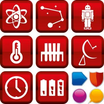 Set of science icons on square buttons. Geometric style. Stock Illustration