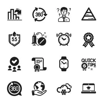 Set of Science icons, such as 360 degrees, Pyramid chart, Smartwatch. Vector Illustrazione stock