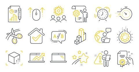 Set of Science icons, such as 3d chart, Settings blueprint, Time management Illustrazione stock