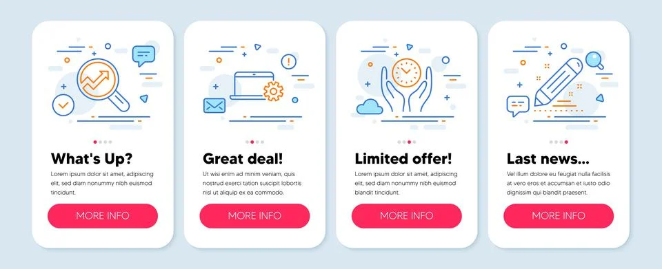 Set of Science icons, such as Analytics, Notebook service, Safe time symbols Stock Illustration
