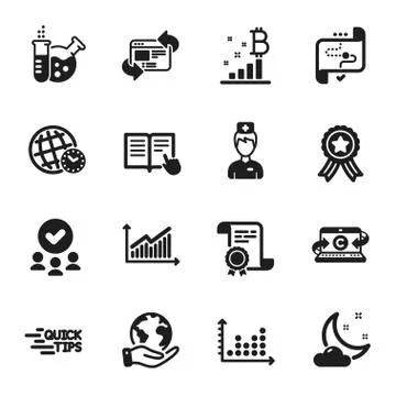 Set of Science icons, such as Bitcoin graph, Dot plot, Target path. Vector Ilustración de archivo