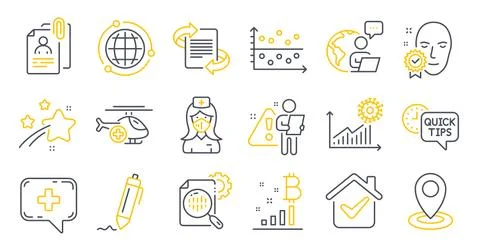 Set of Science icons, such as Bitcoin graph, Seo stats, Dot plot symbols. Vector Ilustración de archivo