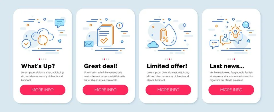 Set of Science icons, such as Cloud sync, No alcohol, Handout symbols. Idea line Illustrazione stock