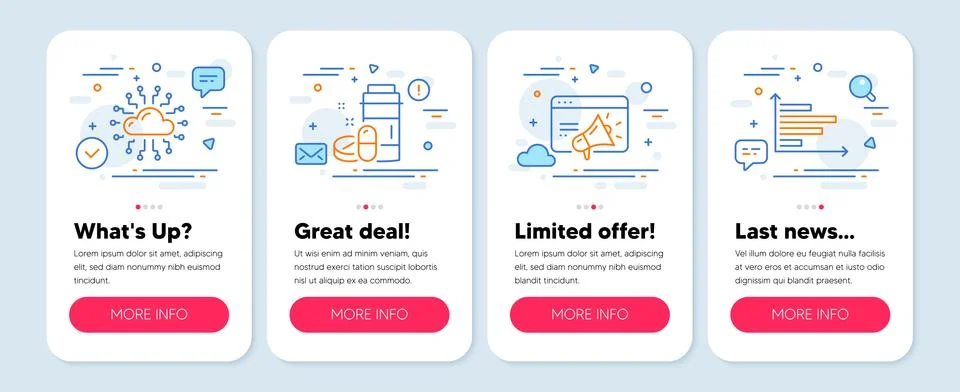 Set of Science icons, such as Cloud network, Medical drugs, Seo marketing Stock Illustration
