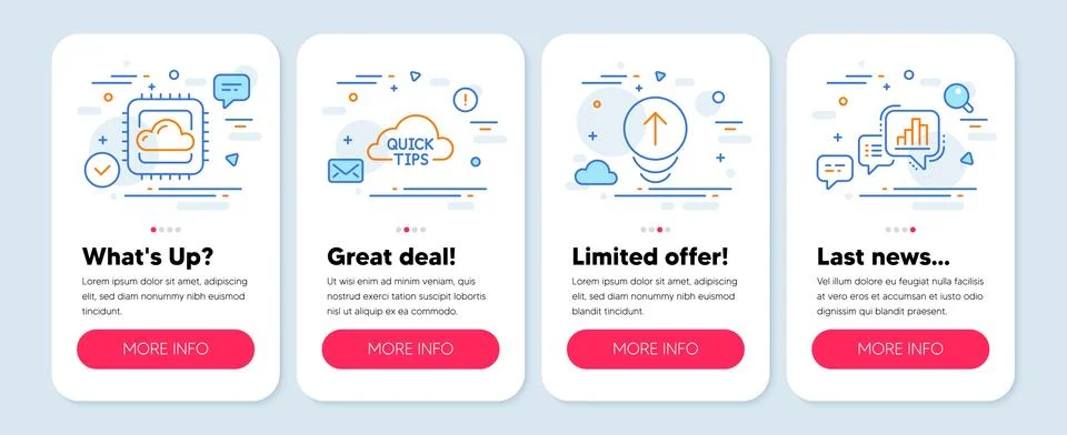 Set of Science icons, such as Cloud computing, Quick tips, Swipe up symbols Stock Illustration