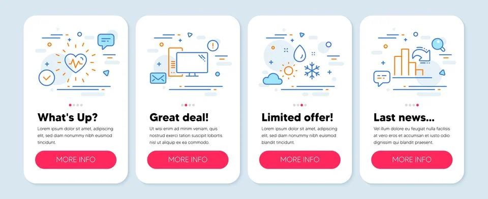 Set of Science icons, such as Computer, Heartbeat, Weather symbols. Decreasing Stock Illustration