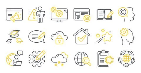 Set of Science icons, such as Coronavirus report, Writer, Cloud protection Stock Illustration