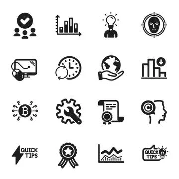 Set of Science icons, such as Face detect, Decreasing graph, Writer. Vector イラスト素材