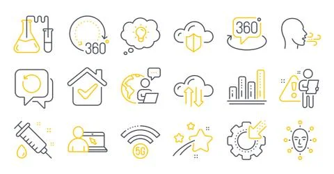 Set of Science icons, such as Face biometrics, Seo gear, Graph chart symbols Stock Illustration