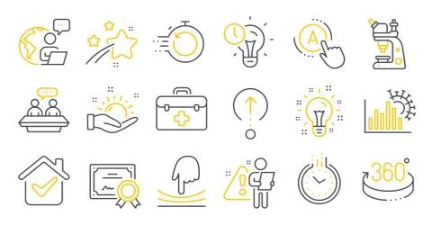 Set of Science icons, such as First aid, Fast recovery, Time management symbols Stockillustratie