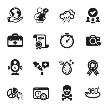 Set of Science icons, such as Full rotation, First aid, Project deadline. Vector イラスト素材