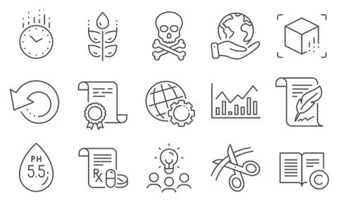 Set of Science icons, such as Globe, Ph neutral, Recovery data. Vector Illustrazione stock