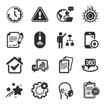 Set of Science icons, such as Graph chart, Cogwheel, Documents symbols Stock Illustration