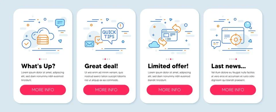 Set of Science icons, such as Refresh website, Cloud server, Quick tips symbols Illustrazione stock