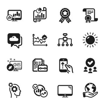 Set of Science icons, such as Report document, Sun energy, Statistics. Vector Illustrazione stock