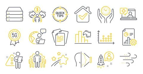 Set of Science icons, such as Safe time, Decreasing graph, Documents symbols Stock Illustration