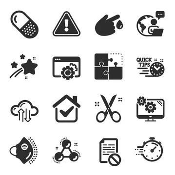 Set of Science icons, such as Settings, Timer, Puzzle symbols. Scissors, Wrong Stock Illustration