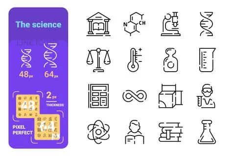 Set science simple lines icons of theory and experiments. Stock Illustration
