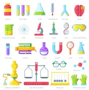 Set of scientific research elements on purple abstract template. Chemistry Stock Illustration