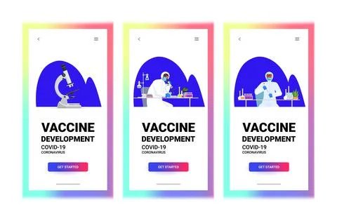Set scientists resarchers working with test tubes in lab coronavirus vaccine 스톡 일러스트