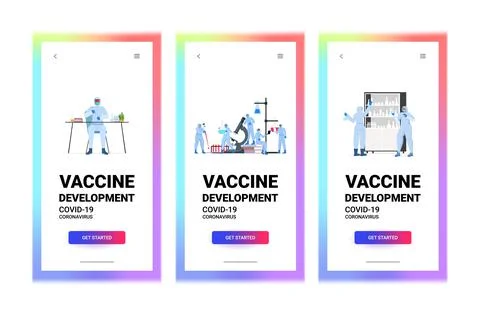 Set scientists researchers working with test tubes in lab coronavirus vaccine 스톡 일러스트