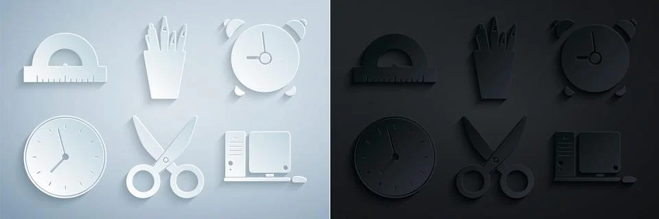 Set Scissors, Alarm clock, Clock, Computer monitor with keyboard and mouse Stock Illustration