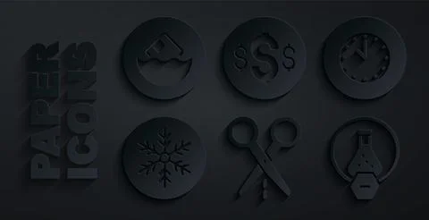 Set Scissors with cut line, Clock, Snowflake, Test tube and flask, Dollar sym 스톡 일러스트