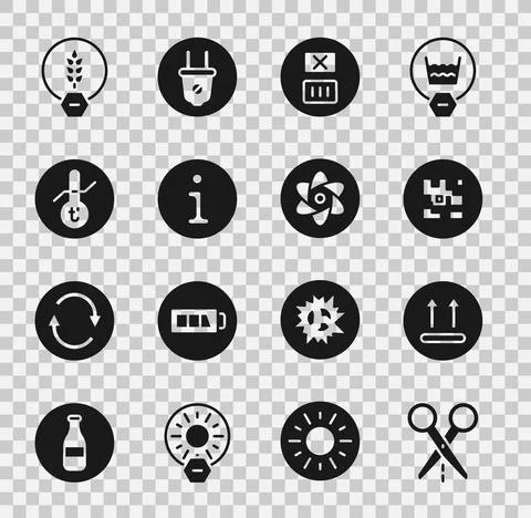 Set Scissors with cut line, Temperature wash, QR code, Information, Meteorology Illustrazione stock