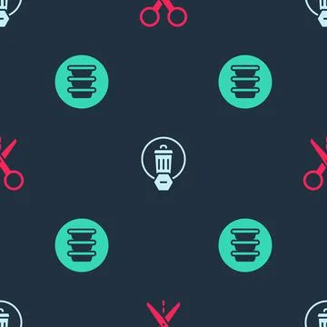 Set Scissors with cut line, Trash can and Bowl on seamless pattern. Vector イラスト素材